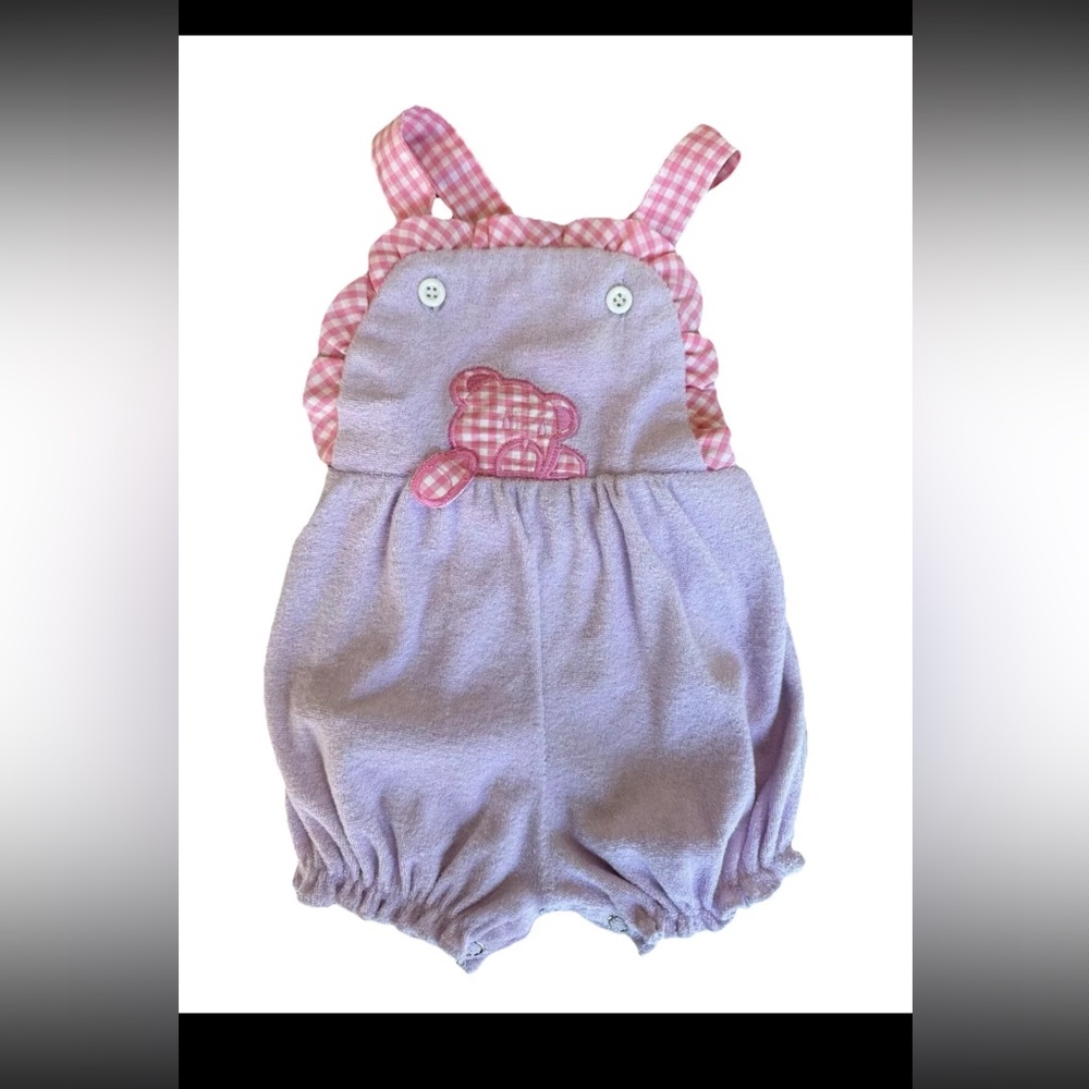 Royal Heir Pink plaid and purple terry cloth waving bear overall bubble, 6-9m